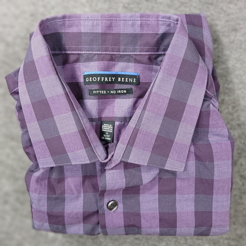Geoffrey Beene Fitted No Iron Men's Purple Stripe Long Sleeve Shirt 17 36/37